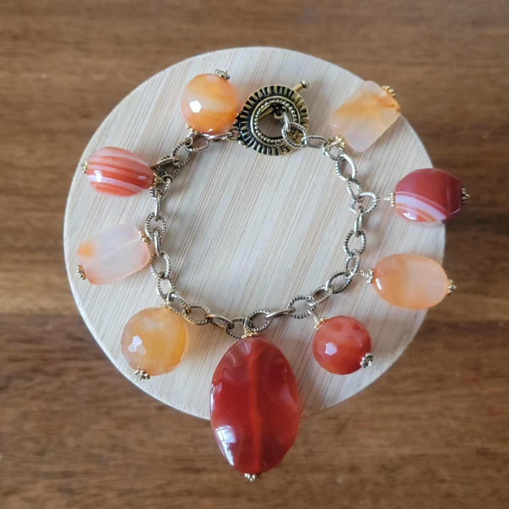 Natural Stone Charm Bracelet With Toggle Clasp Yellow Orange Beads Boho Earth